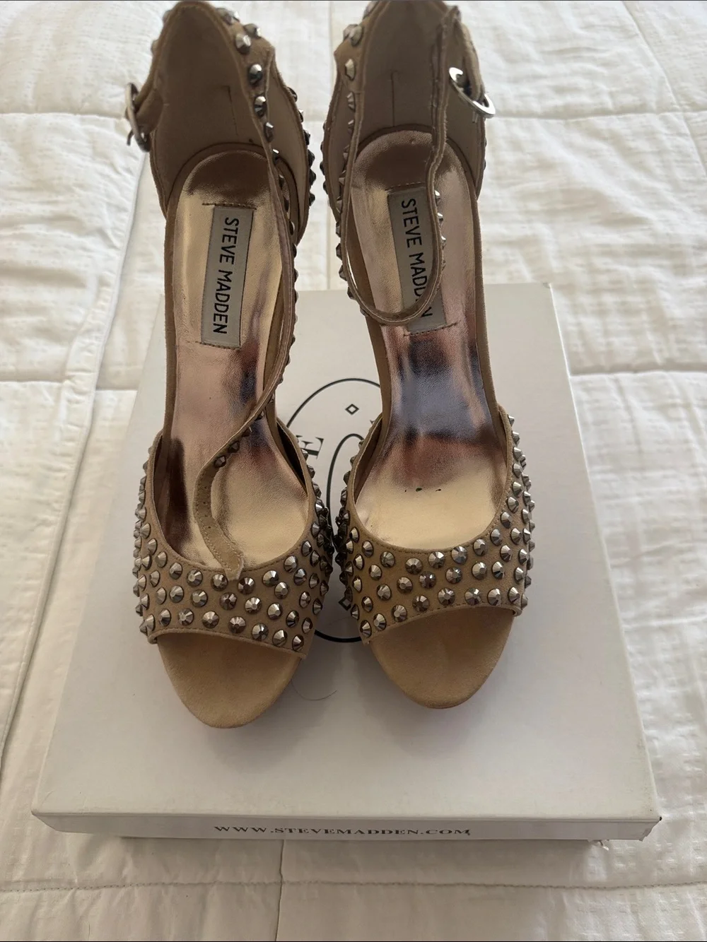 Steve Madden Tan Studded Peep-Toe Platform Heels